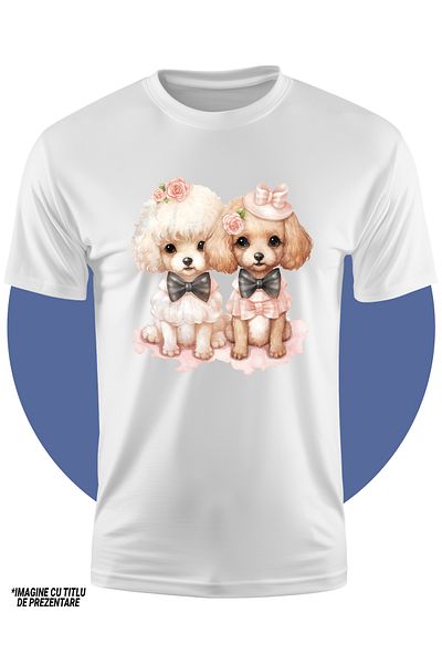 StoryGift Romania Tricou Copii Cu O Catelusa Si Un Catel, Ilustratie, Flori, Cuminti, Isi Asculta Stapanii,