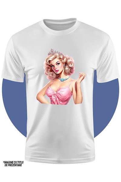 StoryGift Romania Children's T-shirt with a beautiful woman, Barbie, illustration, dress, pink, crown, surprised,