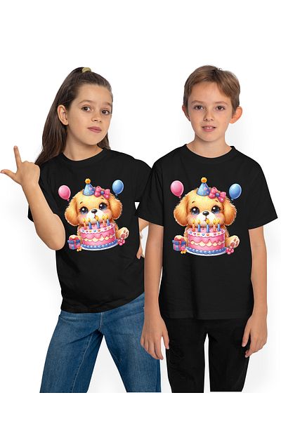 StoryGift Romania Children's T-shirt with a surprised puppy, illustration, balloons, helmet, bow, cake with candles a