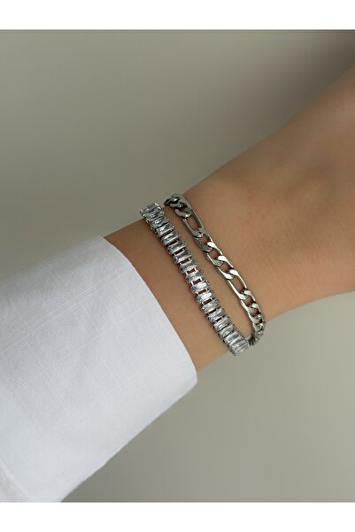 Owentis سوار فيجارو من الفولاذ الفضي ذو الصف المزدوج وسلسلة باجيت ويلكوكس - ل...