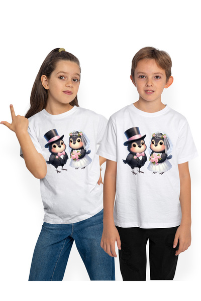StoryGift Romania Tricou Copii cu 2 pasari la nunta, ilustratie, rochie de mi...