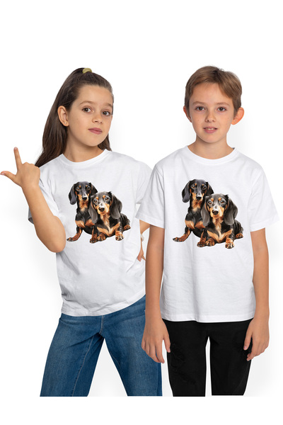 StoryGift Romania Tricou Copii cu 2 catei Dachshund, ilustratie, bucurie, cur...