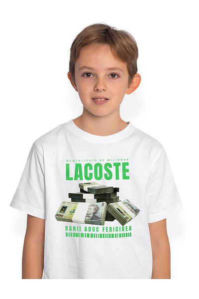 StoryGift Romania Tricou Copii Baieti _Lacoste_ - Banii Aduc Fericirea 100% Bumbac, Unisex, Alb, 10 Ani, 146