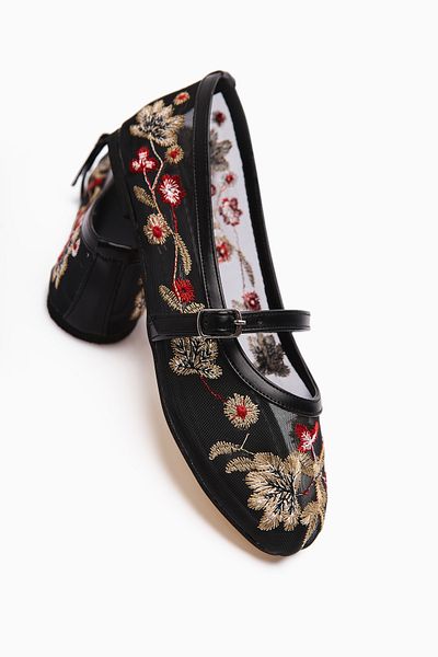 Limoya Jolin Black Embroidered Buckle Women's Ballerinas