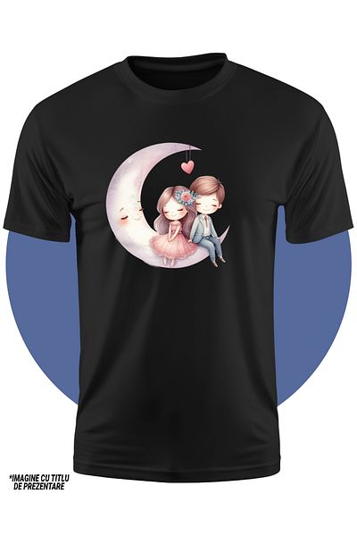 StoryGift Romania Tricou Copii Cu O Fetita Si Un Baietel Care Stau Pe Semiluna, Ilustratie, Inimioara, Floar