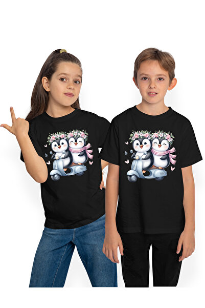 StoryGift Romania Tricou Copii cu 2 pinguini care se plimba cu scuterul, ilustratie, coronite din flori, flu