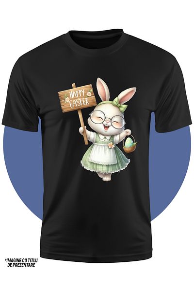 StoryGift Romania Tricou Copii Cu O Iepuroaica In Rochita, Ilustratie, Paste Fericit, Mesajul "happy Easter"