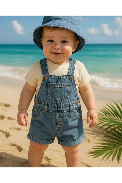 Uğur bebe New Season Denim Salopet Denim Hat Waffle T-Shirt Kangaroo Pocket Summer Baby Boy Set
