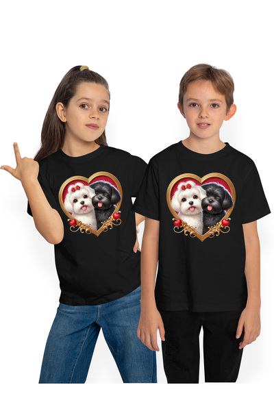 StoryGift Romania Tricou Copii cu o catelusa alba si un catel negru, ilustrat...