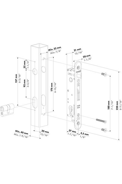 dekorafence Locinox 40mm Profile for 20mm Back Pull Door Lock Fortylock