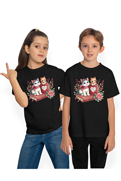 StoryGift Romania Tricou Copii cu 2 pisici care au carti, ilustratie, floare,...