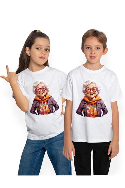 StoryGift Romania Children's T-shirt with a cheerful grandmother, illustration, flowered sweatshirt, glasses, like in youth,
