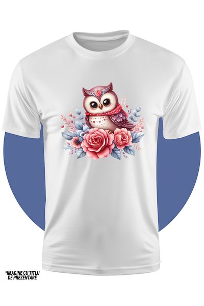 StoryGift Romania Tricou Copii cu o bufnita dragalasa, ilustratie, trandafiri, flori, inima in crestet, imbu