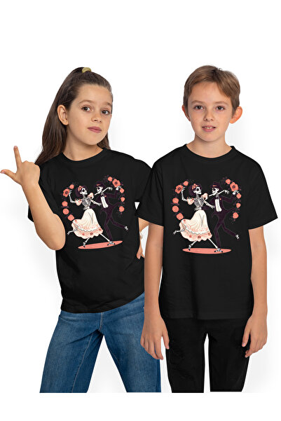 StoryGift Romania Tricou Copii cu 2 scheleti care danseaza, ilustratie, flori...