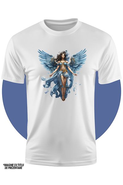 StoryGift Romania Children's T-shirt with a beautiful woman, illustration, wings, blue clothing, gold, abstract