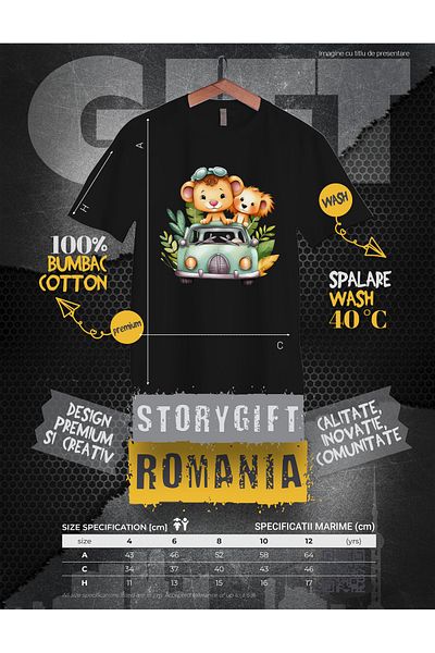 StoryGift Romania Tricou Copii cu 2 pui de leu care se plimba cu o masina, ilustratie, jungla, natura, calat