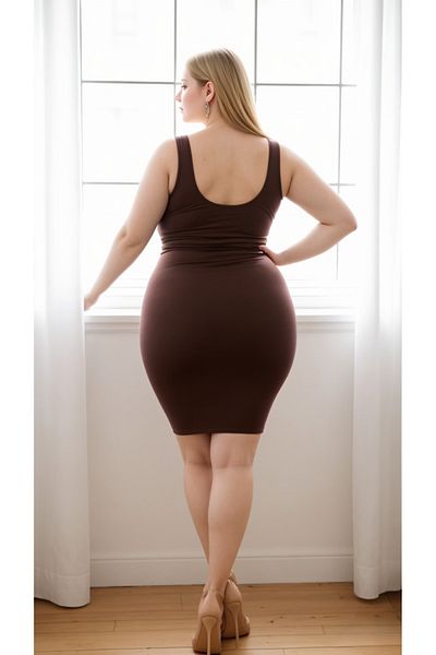 SUHIS Brown Plus Size Fitted Lycra Knitted Mini Dress