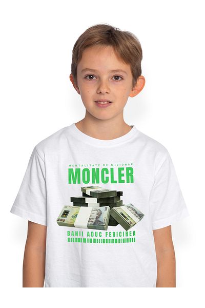 StoryGift Romania Tricou Copii Baieti _Moncler_ - Banii Aduc Fericirea 100% Bumbac, Unisex, Alb, 10 Ani, 146