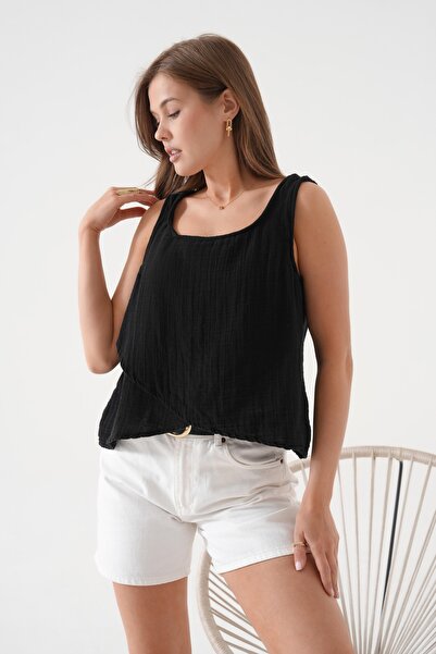 QAWWA Γυναικεία μπλούζα & πουκάμισο με λουράκι & μουσελίνα με διπλό στήθος & κουμπιά στην πλάτη