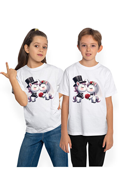 StoryGift Romania Tricou Copii cu 2 unicorni la nunta, flori, fericire, trand...