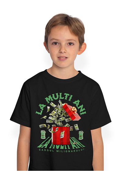 StoryGift Romania Tricou Copii Baieti _La Multi Ani_ - Cadoul Milionarului 100% Bumbac, Unisex, Negru, 8 Ani