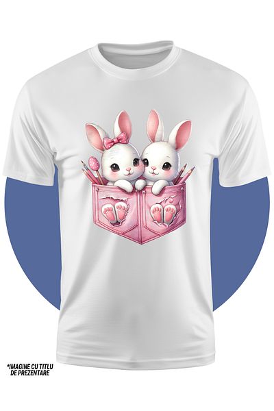 StoryGift Romania Tricou Copii cu 2 iepurasi, ilustratie, stau in buzunare, creioane colorate, funda 100% B