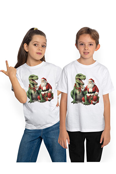 StoryGift Romania Tricou Copii cu Mos Craciun care sta langa un dinozaur verd...