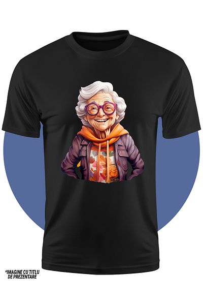 StoryGift Romania Children's T-shirt with a cheerful grandmother, illustration, flowered sweatshirt, glasses, like in youth,