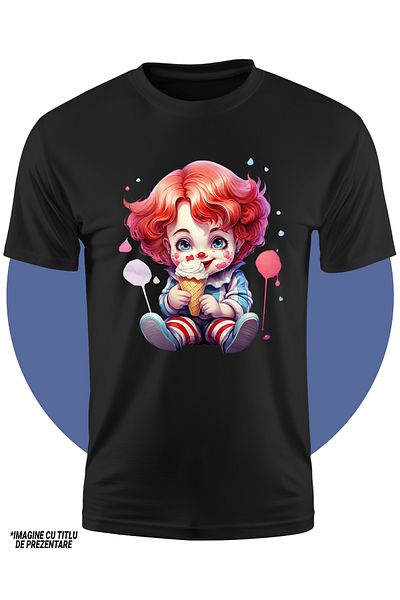 StoryGift Romania Tricou Copii Cu O Fetita Clovn, Ilustratie Joker, Are O Inghetata, Desert, Pete De Culoare