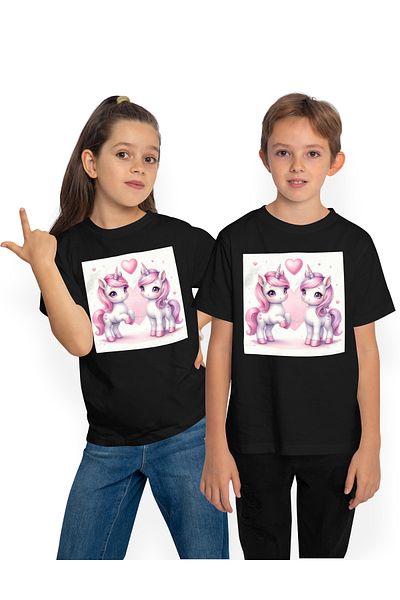 StoryGift Romania Children's T-shirt with 2 unicorns, illustration, hearts, joy, blushing, friendship, Valentine's Day