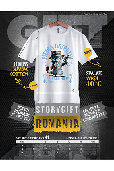 StoryGift Romania Tricou Copii Pisica Detectiv Rezolvand Mistere - Sherlock Cat 100% Bumbac, Unisex, Alb, 4