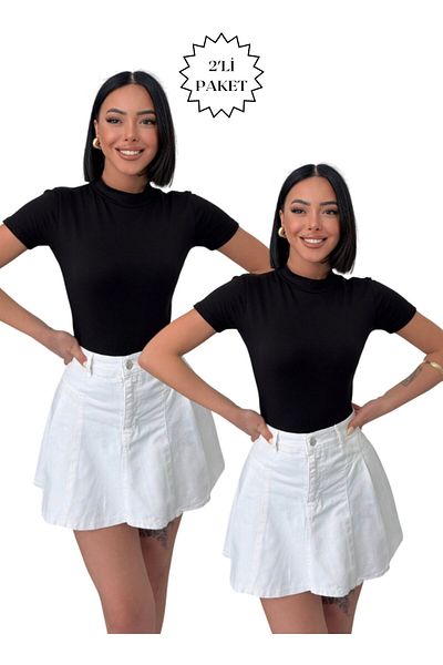 Lunamiratto Body din bumbac cu mânecă scurtă Fisherman Negru-Negru Tricou cu corp pe jumătate de pescar