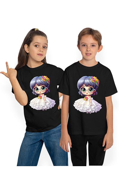 StoryGift Romania Children's T-shirt with a cheerful girl at the wedding, illustration, wedding dress, bouquet of flowers, oc