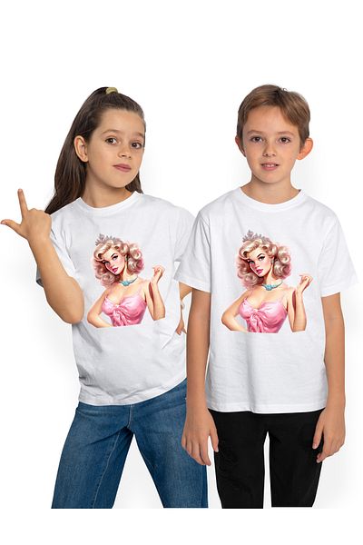 StoryGift Romania Children's T-shirt with a beautiful woman, Barbie, illustration, dress, pink, crown, surprised,