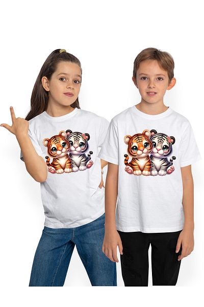 StoryGift Romania Children's T-shirt with 2 cheerful tiger cubs, illustration, blushing, flowers, friendship, appreciate