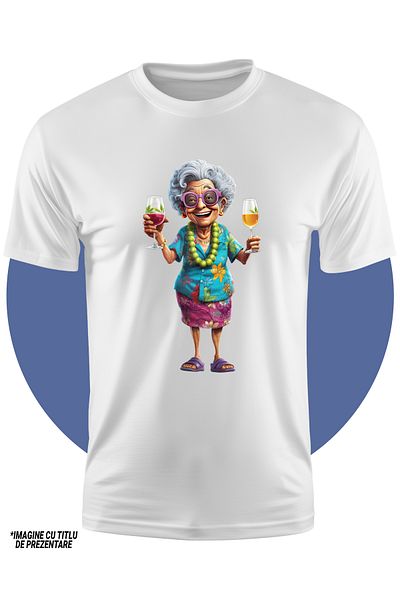 StoryGift Romania Tricou Copii Cu O Bunicuta Vesela, Ilustratie, In Hawaii, Tine 2 Pahare Cu Bauturi Racorit