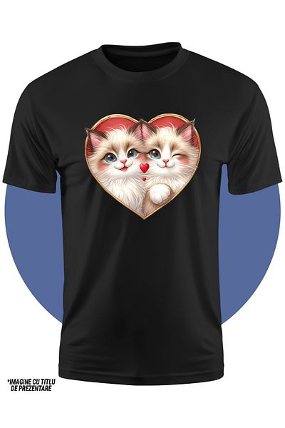 StoryGift Romania Tricou Copii cu 2 pisicute Birmaneze, ilustratie, inimi, apropiate, inghesuite, intelegere