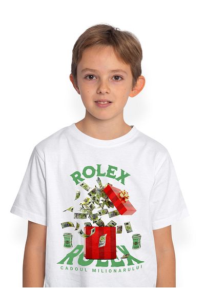 StoryGift Romania Tricou Copii Baieti _Rolex_ - Cadoul Milionarului 100% Bumbac, Unisex, Alb, 10 Ani, 146CM