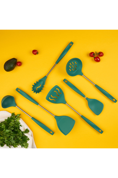 Onuvio Set of 6 Silicone Kitchen Utensils with Hook-Type Countertop Holder, BPA-Free, Onuvio® - Green