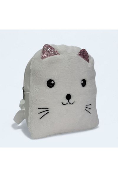 çantaevim White Color Girl's Backpack with Plush Cat Pattern and Cute Animal Pattern with Adjustable Strap