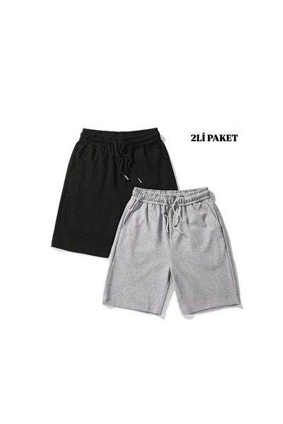 woonkey Unisex Μαύρο ελαστικό σορτς μέσης Slim Fit καλοκαιρινό χτενισμένο βαμβακερό σορτς 2 τεμαχίων Νέα σεζόν