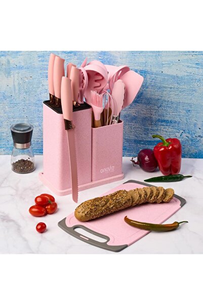 Onuvio 19-piece kitchen utensil set, Wood and Food-grade Silicone, Knives, Chopping Board, Onuvio™ - Pink
