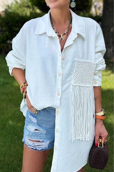 Suzi butik Cămașă oversize din in 4763 - Detaliu din dantelă și femei