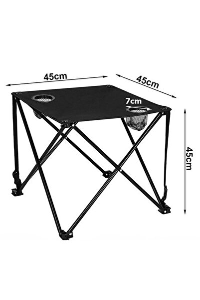 zola Folding tourist table, 2 cup holders, metal frame, carrying bag, 45x45x45 cm, black
