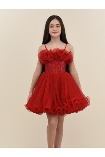 Zekids Kız Çocuk Göğsü Fırfırlı Pul Detaylı Kısa Tasarım Abiye Elbise