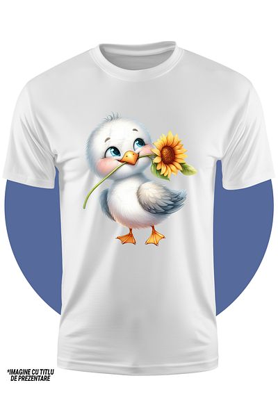 StoryGift Romania Tricou Copii Cu Un Puisor Alb Care Tine O Floare In Cioc, Ilustratie, Floarea-soarelui, Bu