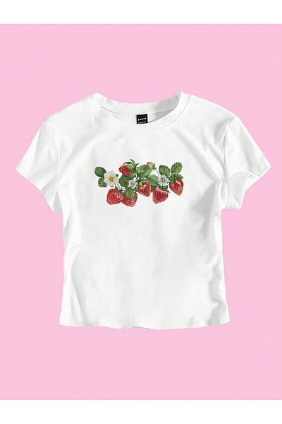 PALPİTO Tricou crop subțire pentru femei, alb, cu ramuri de căpșuni