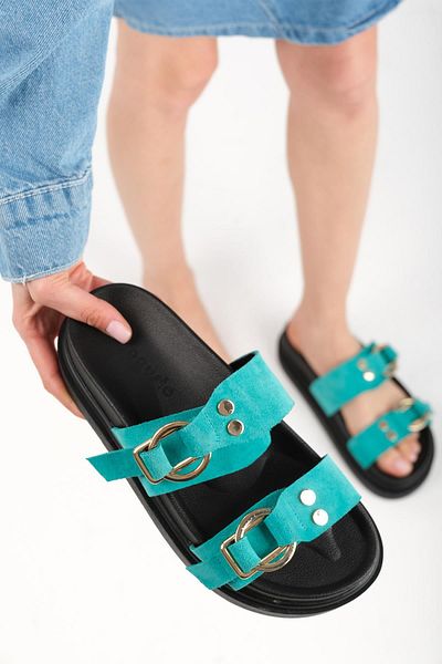 Mio Gusto Gretel Genuine Suede Turquoise Color Double Buckle Women's Slippers
