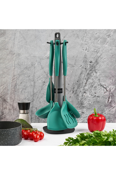 Onuvio Set of 6 Silicone Kitchen Utensils with Hook-Type Countertop Holder, BPA-Free, Onuvio® - Green