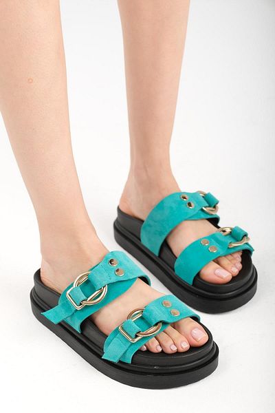 Mio Gusto Gretel Genuine Suede Turquoise Color Double Buckle Women's Slippers